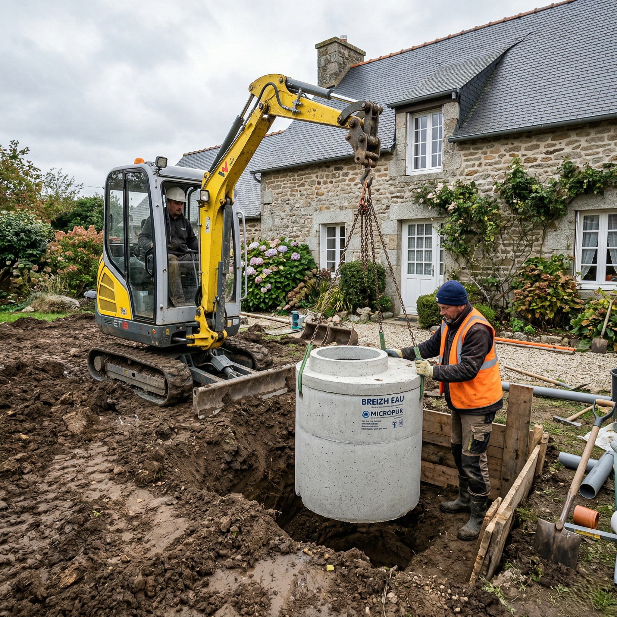 Installation d'une micro-station par mini-pelle sur un terrain argileux en Bretagne